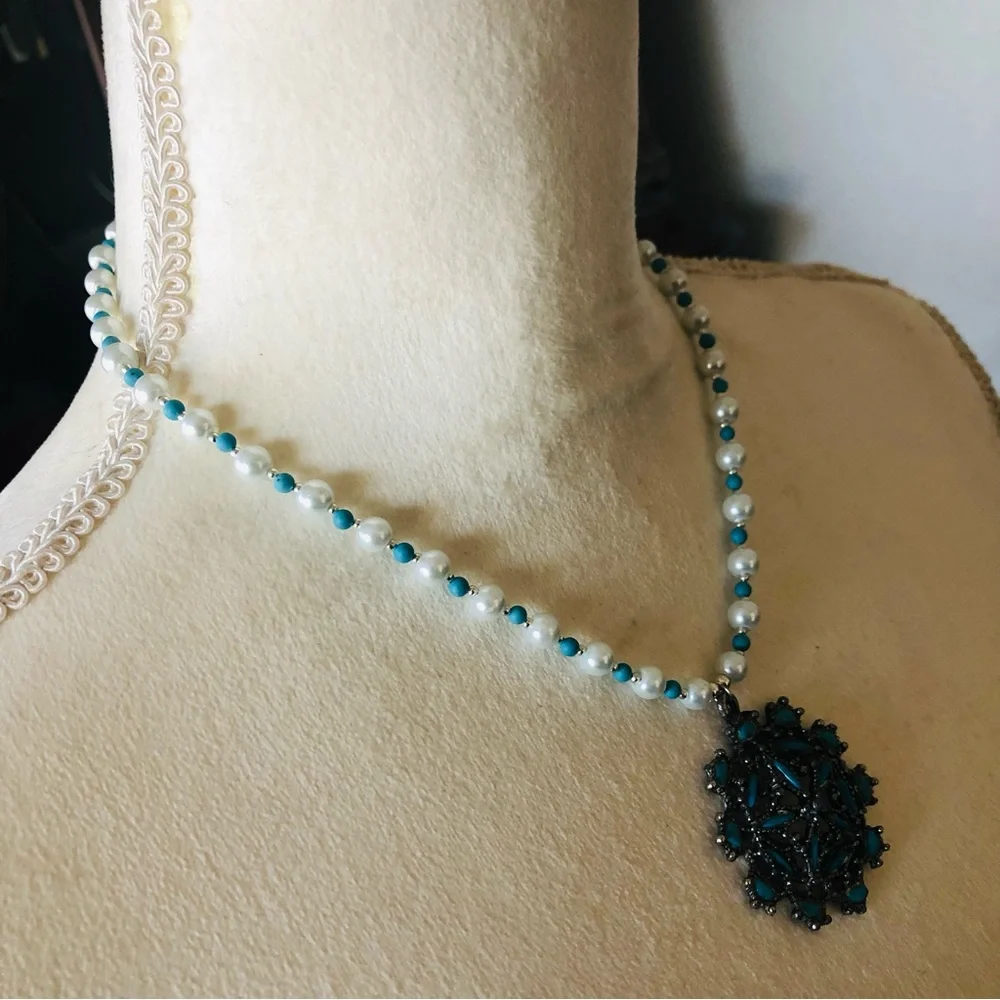Handcrafted repurpose howlite cluster pendant Czech glass Pearl necklace